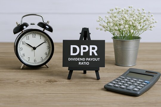 Desktop scene with vintage alarm clock displaying time, blackboard with DPR text, potted plant, and calculator on wooden surface.