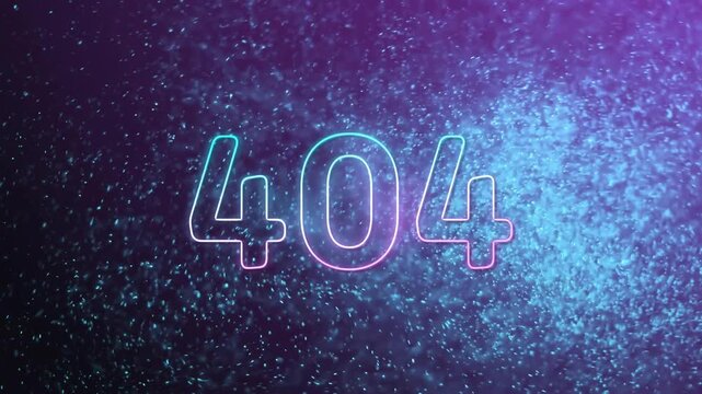Beginning with dark speckled frame, particles drifting inward revealing neon 404 glowing backdrop