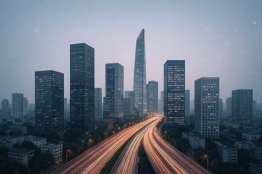 Modern city skyline with skyscrapers and light trails on a foggy evening. - Powered by Adobe