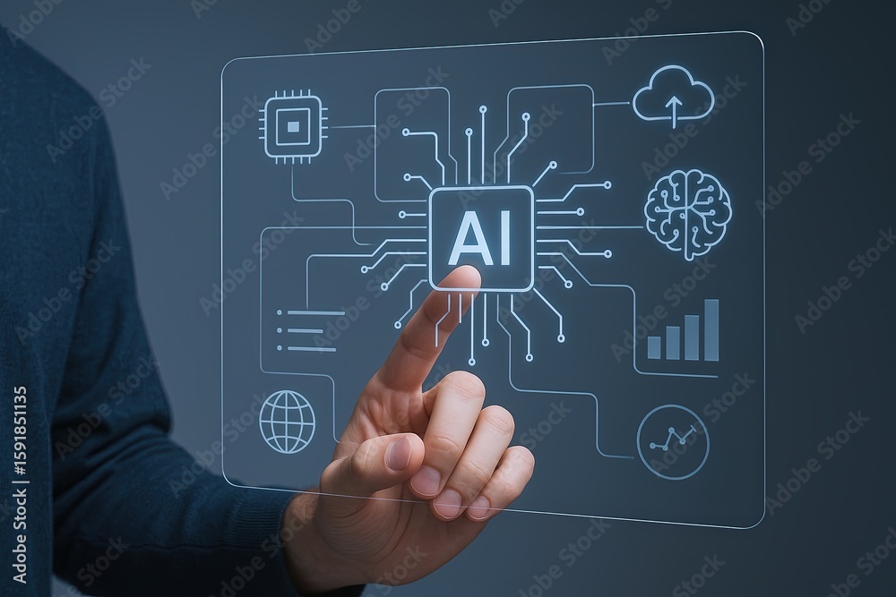 Poster futuristic artificial intelligence concept with digital icons and data visualization.