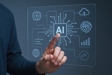 Futuristic artificial intelligence concept with digital icons and data visualization.