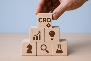 Hand holding wooden block labeled CRO above stacked blocks with analysis icons.