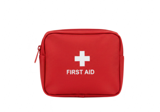 A red first aid kit with a white cross and text isolated on a transparent background