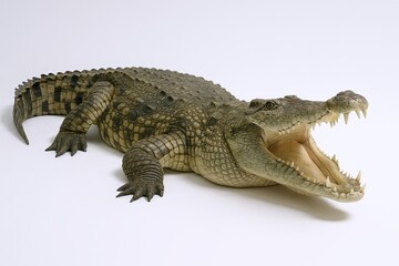 Naklejka premium Large aggressive crocodile with open mouth showing sharp teeth on plain white background.