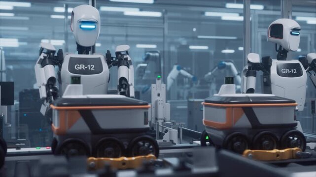 Humanoid Robots Operate on a High-Tech Assembly Line in a Factory, Constructing Compact Autonomous Delivery Units. AI-driven Factory with Next Generation Robotics and Manufacturing