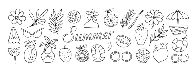 Obraz premium Doodle art with summer theme shows beach accessories and tropical fruits in black and white