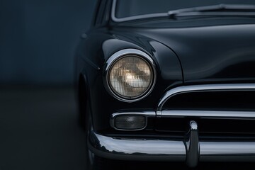 Fototapeta premium Classic vintage black car front close up with shiny chrome details and round headlight.
