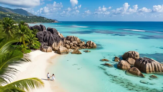 Couple walks hand in hand on pristine white sand beach with unique rock formations, La Digue Island, Seychelles, under sunny skies.