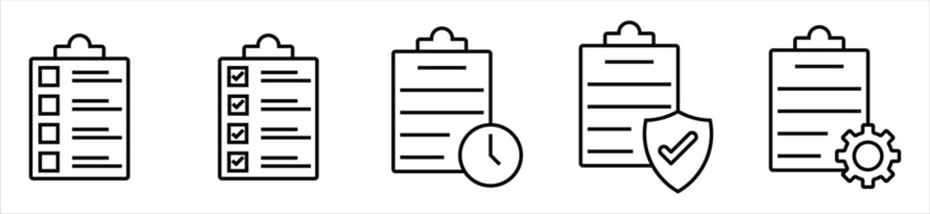 Checklist and Task Management Icons — Document, Time, Security, and Settings Symbols