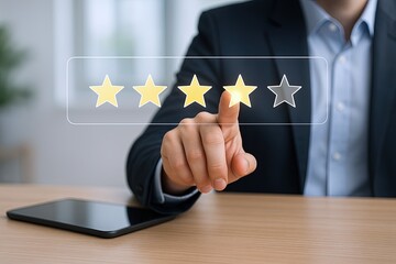 Businessman giving a four star rating with digital stars in a modern office environment.