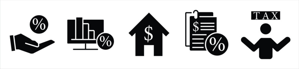 Finance and Tax Icons — Interest, Mortgage, Percentage, Report, and Taxpayer Symbols