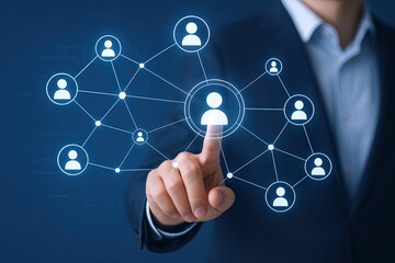 Businessman touching digital social network interface with multiple user icons on blue background.