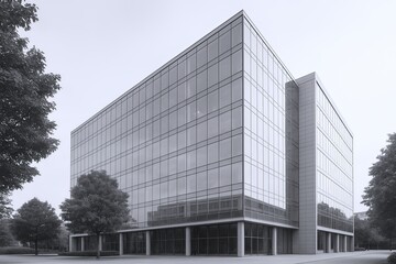 Modern glass office building with reflective windows and surrounding trees in urban area.