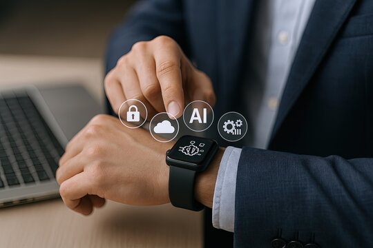 Businessman wearing smartwatch with digital icons including lock cloud AI settings.