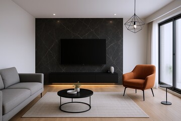 Modern minimalist living room interior with comfortable seating and contemporary decor.
