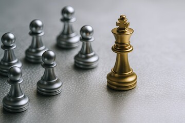 Strategic chess game with a golden king and silver pawns on textured surface.