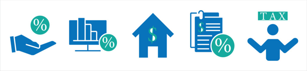 Finance and Tax Icons — Interest, Mortgage, Percentage, Report, and Taxpayer Symbols