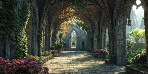 Medieval stone cloister courtyard with arched walkways, potted plants, sunlight filtering through leaves, and aged textured walls. Generative by AI.
