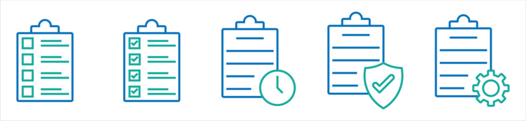 Checklist and Task Management Icons — Document, Time, Security, and Settings Symbols