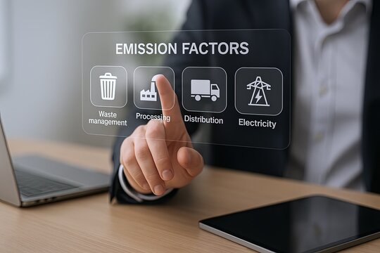 Modern digital interface showing emission factors including waste management processing distribution and electricity in a business setting.