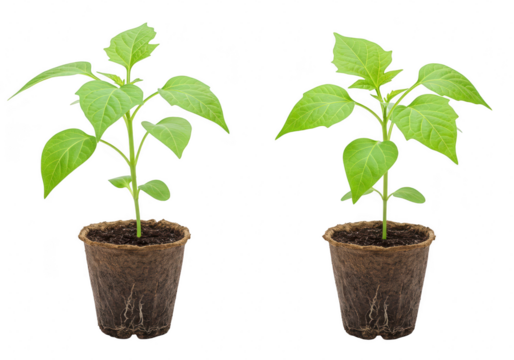 Two young green seedlings growing in peat pots, isolated on a transparent background