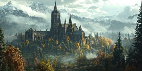 Large castle with multiple towers and pointed spires sits among dense green forest hills under misty morning light, with clearings and nearby houses. Generative by AI.