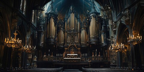 Large baroque pipe organ with ornate gilded carvings and towering pipes set inside richly decorated church interior with arches and chandeliers. Generative by AI.