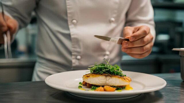 Fine Dining: Chef plating grilled white fish with pea shoots, vegetable garnish using tweezers for culinary excellence in a restaurant kitchen.