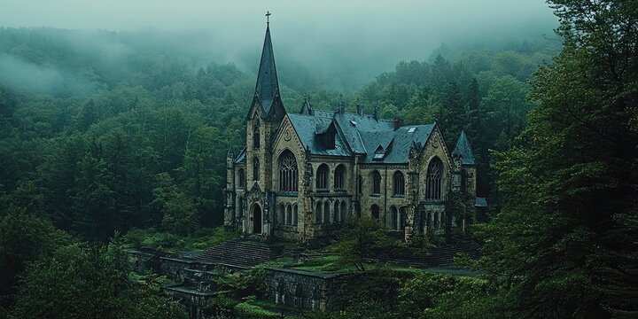 Large castle with multiple towers and pointed spires sits among dense green forest hills under misty morning light, with clearings and nearby houses. Generative by AI.