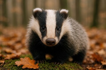 Adorable young badger with distinctive black and white facial markings standing in autumn forest.
