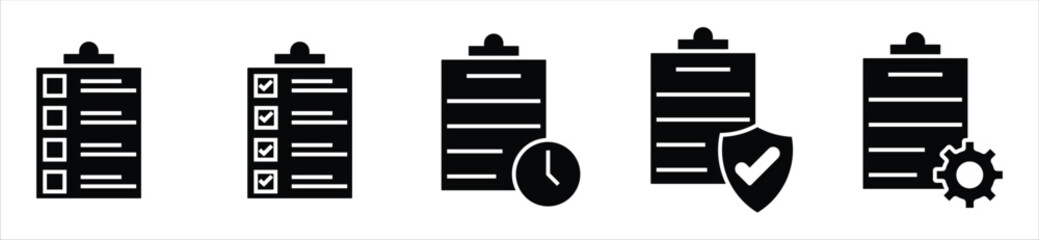 Checklist and Task Management Icons — Document, Time, Security, and Settings Symbols