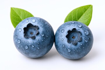 Fresh blueberries with water droplets and green leaves on white background.