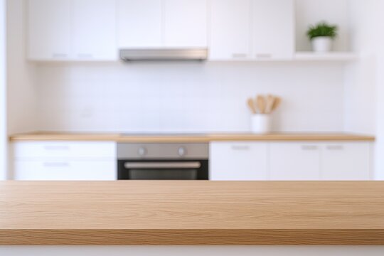 Modern minimalist kitchen interior with white cabinets and wooden countertop design.