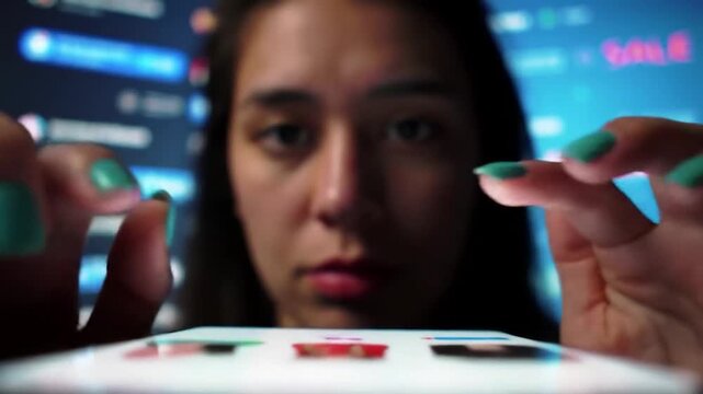 Woman interacting with a brightly lit smartphone - Powered by Adobe
