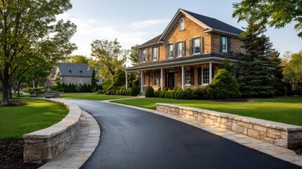 Naklejka premium Elegant brick home with a winding driveway and stone retaining walls surrounded by lush green landscaping and mature trees