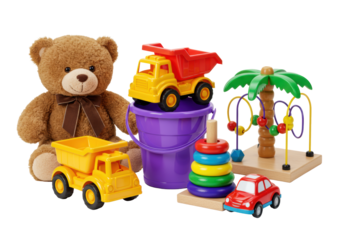 New, colorful children's toys: brown teddy bear, yellow/red dump truck, purple bucket, green bead maze, rainbow stacking tower, red/blue toy car, on seamless transparent background, concept of