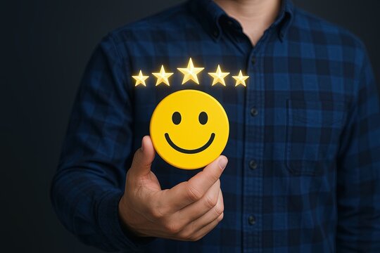 Man in checked shirt holding bright yellow smiley face emoji with five stars above head.
