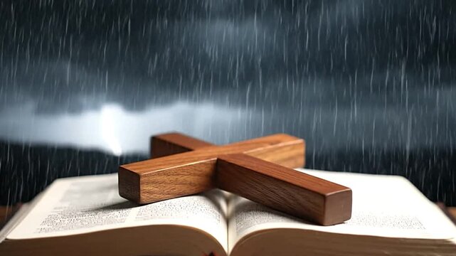 A wooden cross rests atop an open book likely a bible set against a backdrop of falling rain and a stormy sky