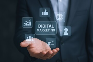 Businessman holding transparent digital marketing icons representing growth and analysis.