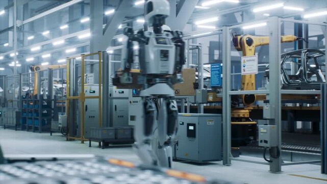 Futuristic Robot Worker Walks Through an Industrial Environment with Electric Vehicle Production, while Carrying a Standard Cardboard Box. Humanoid Bot Delivers a Box to Different Facility