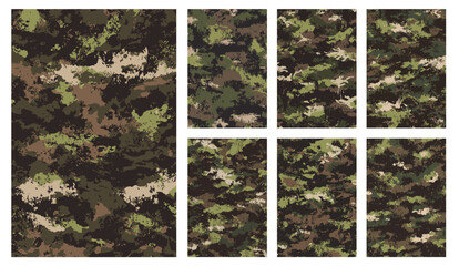 Set of modern digital camouflage vector patterns. This collection features a pixelated texture in a classic woodland palette of green, brown, and beige for a contemporary military look.