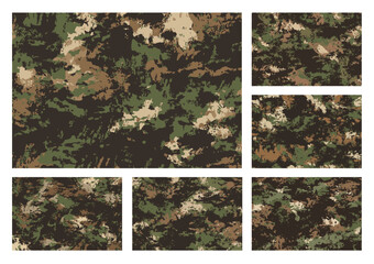 Vector set of seamless woodland camouflage. With a classic green, brown, and beige palette, this collection is ideal for military, army, hunting, and all outdoor-themed design projects.