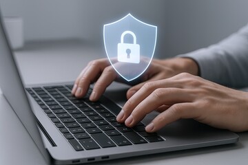 Digital Security Concept with Lock Shield Hologram Over Laptop Hands Working.