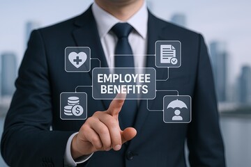 Businessman in formal suit pointing at employee benefits icons on digital interface.