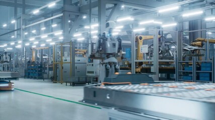 Humanoid Robot Carries a Sealed Cardboard Box Across a Clean, Modern Car Factory with Programmable Robotic Arms. Automated Platform Transporting EV Car Battery Module Next to the Robot. - Powered by Adobe