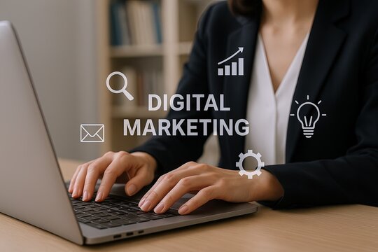 Businesswoman using laptop with digital marketing icons and graphics on screen.