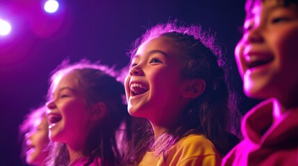 Enthusiastic group of East-Asian elementary school children performing colorful theatrical play on stage with joyful expressions, showcasing creative arts education and extracurricular activities