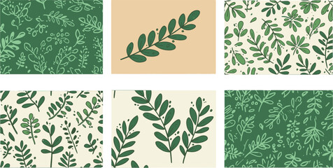 Obraz premium Vector art of seamless botanical patterns featuring green leaves and floral elements, perfect for backgrounds and textile designs isolated on transparent background