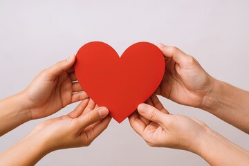 Fototapeta premium Multiple Hands Holding a Large Red Heart Symbolizing Love Appreciation and Care.