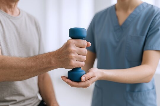 Healthcare professional assisting patient with physical therapy using dumbbell exercise in clinic.